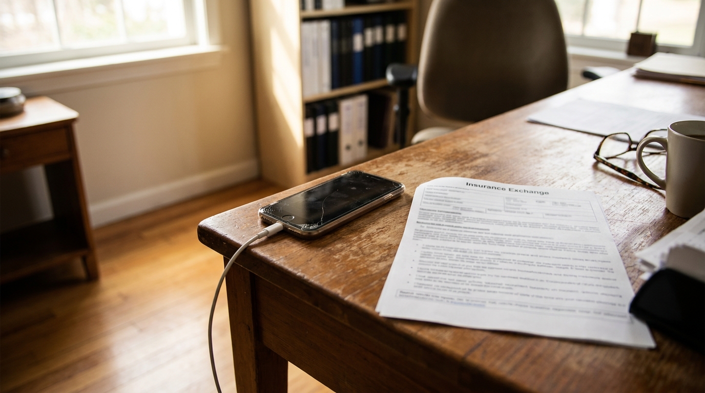 Cracked Phone Insurance Exchange Centennial Uber Accident Evidence cracked smartphone and Insurance Exchange document on wooden desk with eyeglasses