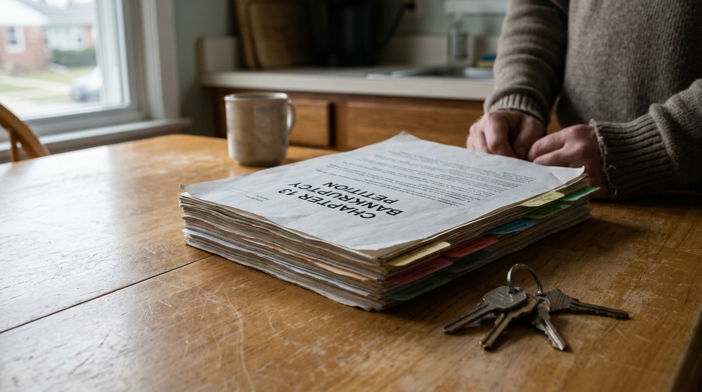 Chapter 13 Bankruptcy Petition and House Keys Cook County Chapter 13 Bankruptcy Petition document stack with keys on wooden table