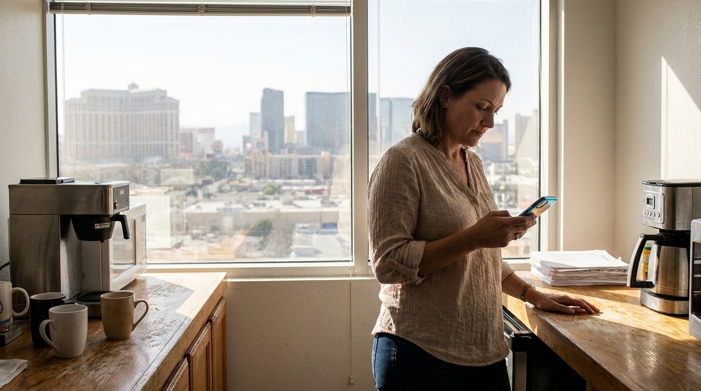 Las Vegas Woman Receiving Debt Collector Call at Work woman standing at kitchen counter looking at smartphone with city skyline visible through window