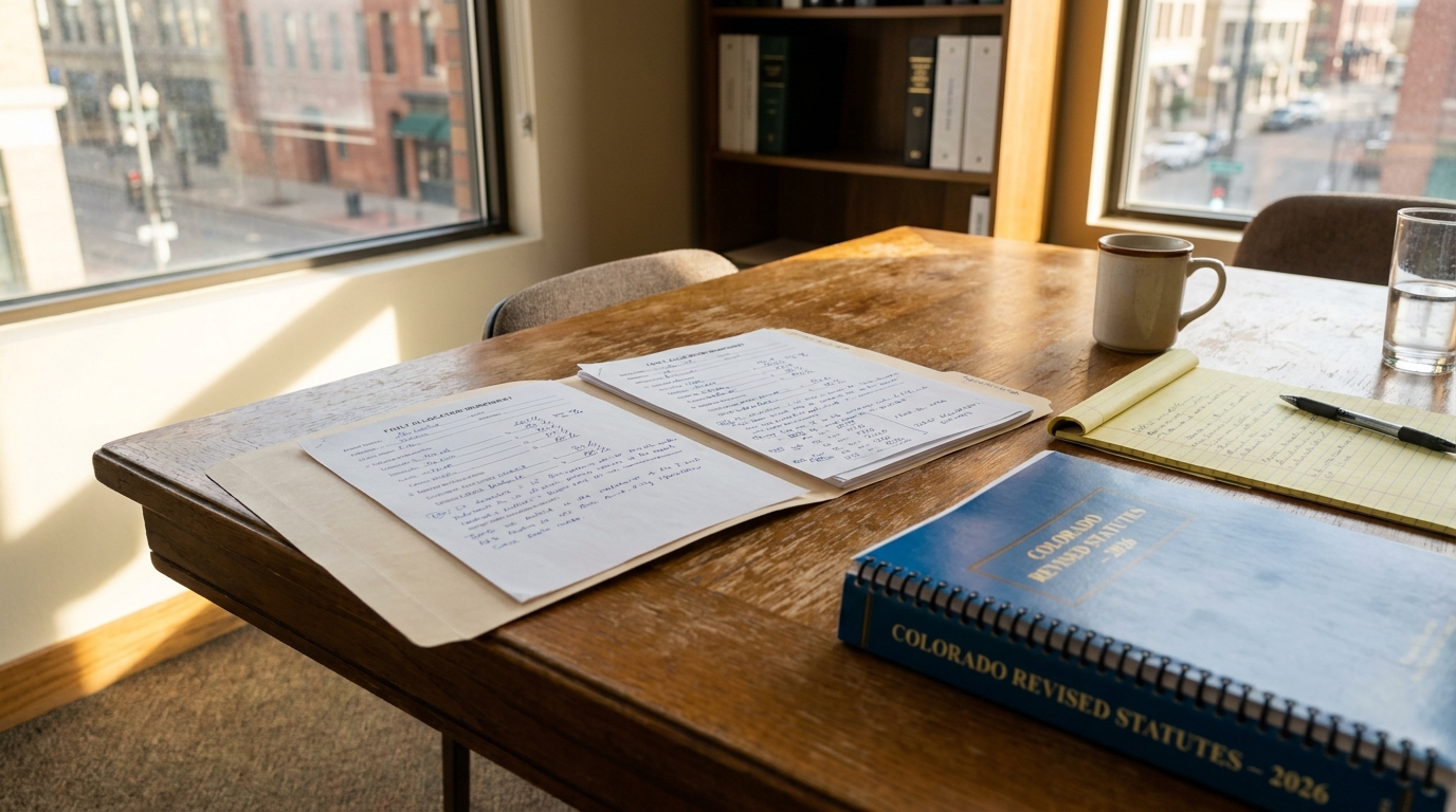 Colorado Revised Statutes 2026 Fault Allocation Documents Centennial Attorney Desk Colorado Revised Statutes 2026 binder on wooden desk with legal documents