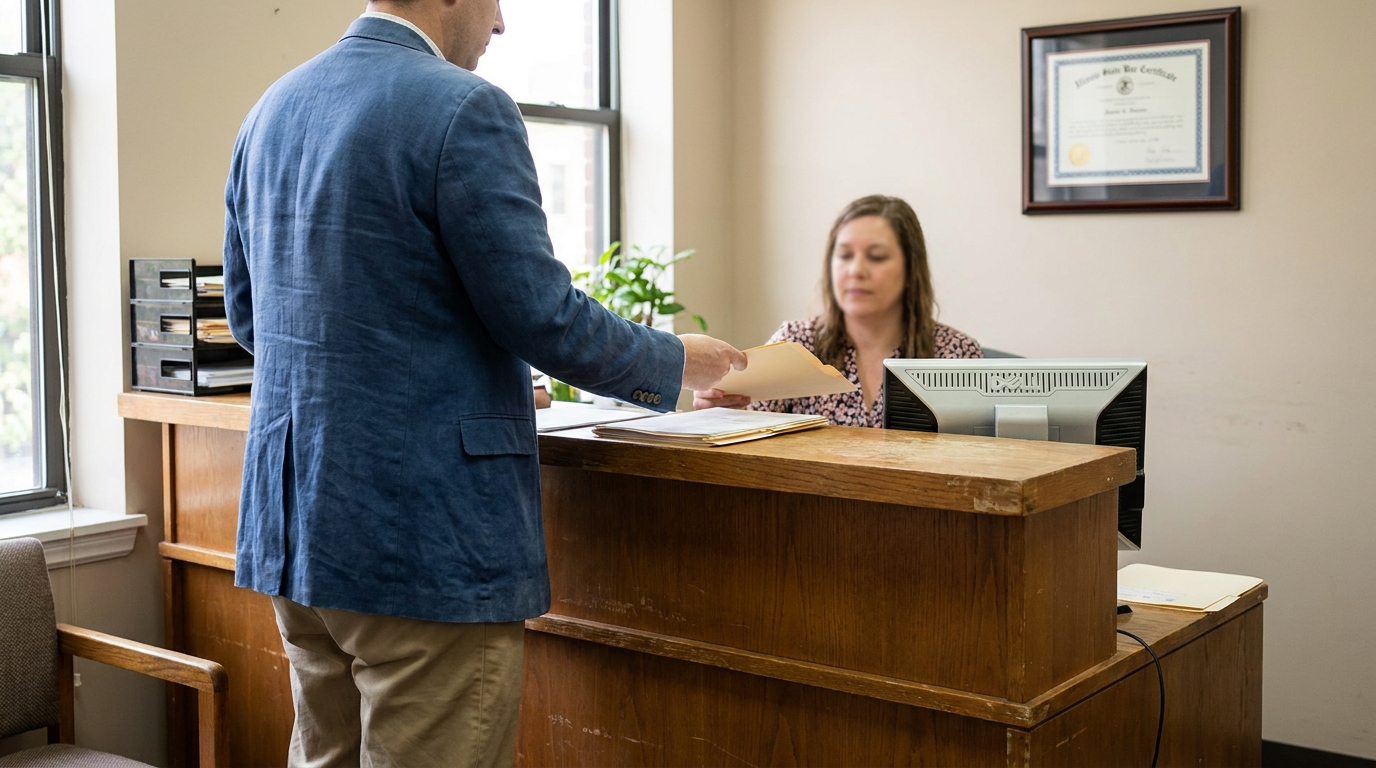 Chicago Bankruptcy Attorney Filing Chapter 7 Documents attorney handing envelope to clerk at wooden counter with framed bar certificate on wall