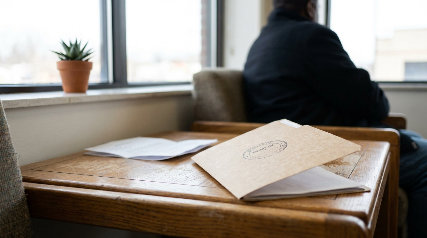 Flint Probate Beneficiary Reviewing Estate Documents Estate of stamped legal folder and open documents on wooden office desk