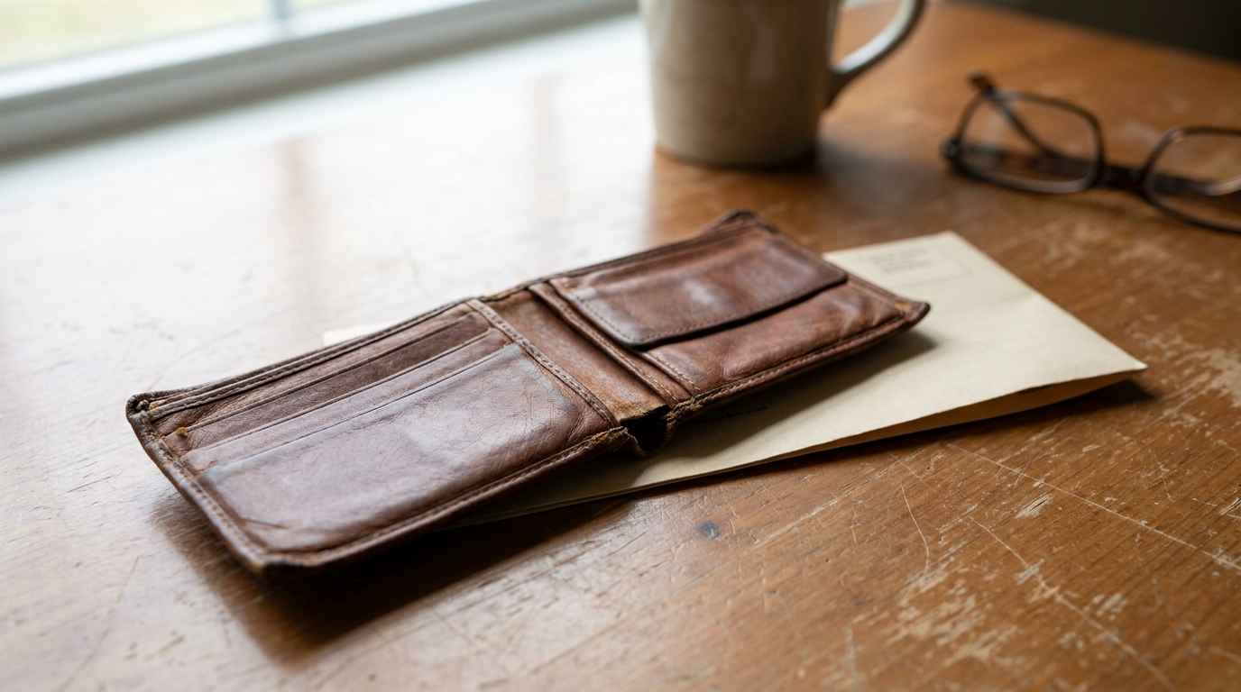 Empty Wallet and Debt Notice Chicago Chapter 13 Bankruptcy open empty leather wallet resting on wooden desk beside folded document
