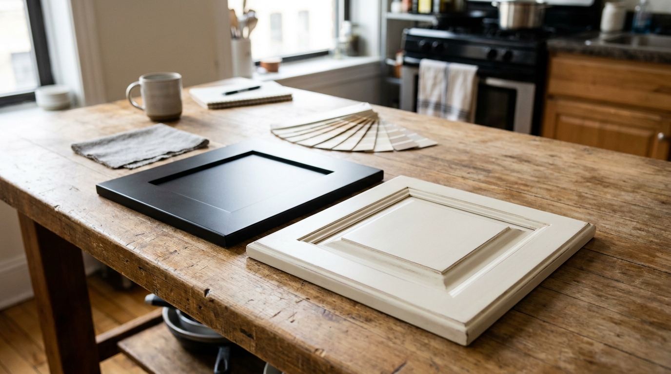 two cabinet door samples displayed on rustic wooden kitchen table with paint swatches