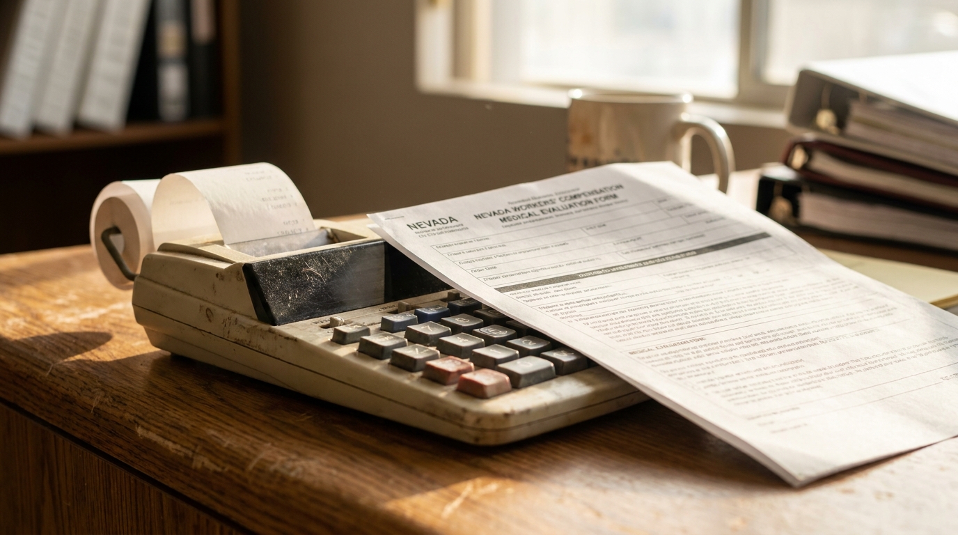 Nevada Workers Compensation Medical Evaluation Form resting on adding machine with paper tape