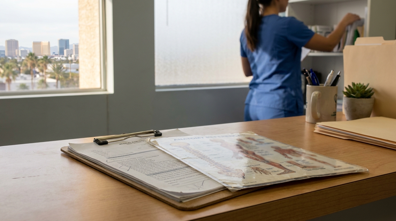 medical clipboard with anatomy reference chart on desk as nurse retrieves files