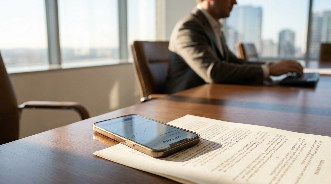 Coinbase app on smartphone resting on legal document at conference table