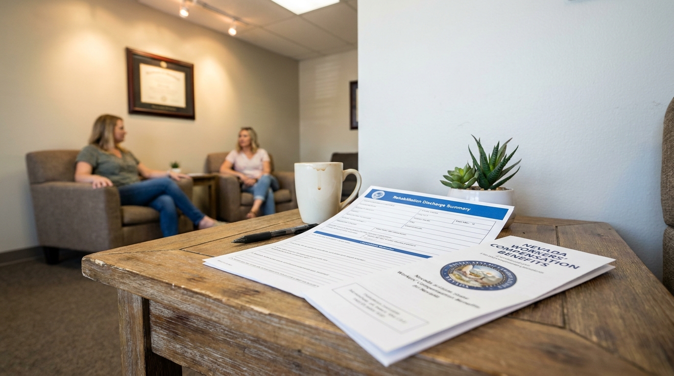 Nevada Workers Compensation Benefits document and Rehabilitation Discharge Summary on office table during consultation