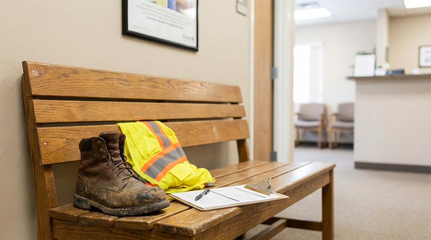worn work boots, safety vest, and clipboard on wooden bench in waiting room