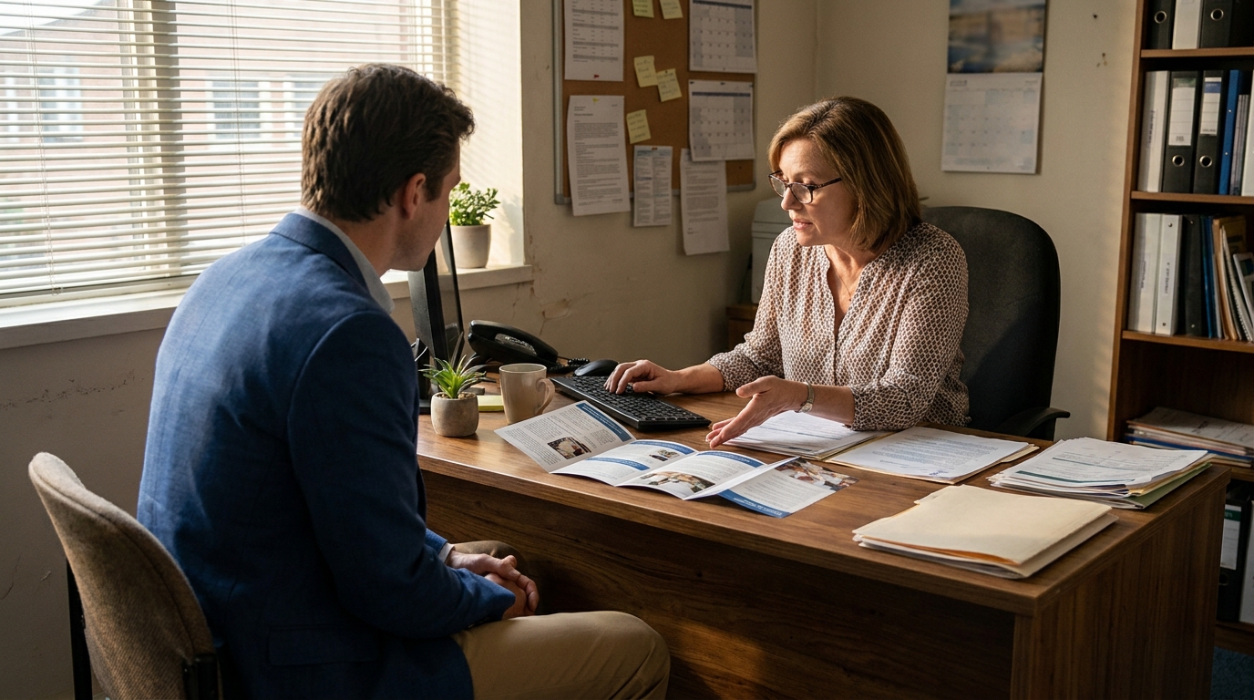 professional woman at desk reviewing documents with seated male client in office