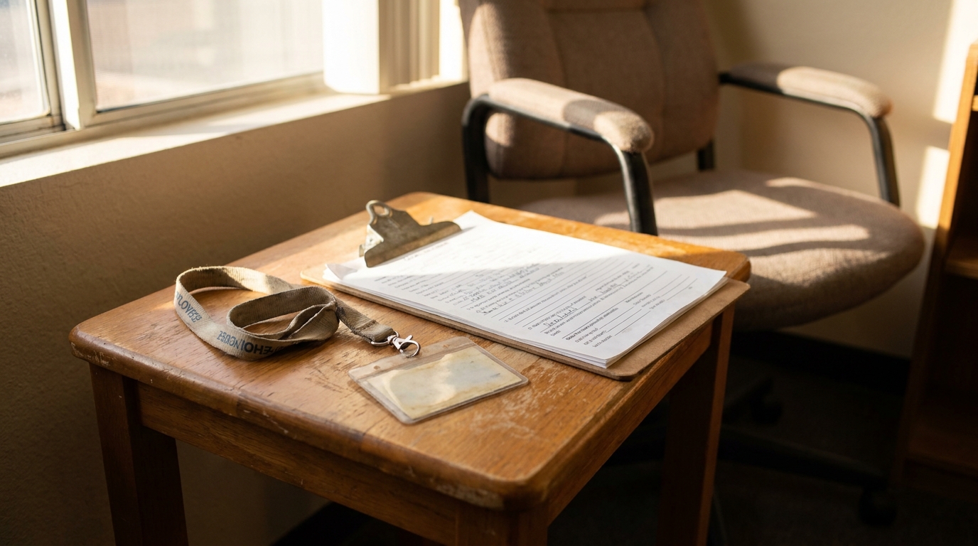 clipboard with printed form and ID badge lanyard on wooden desk beside chair