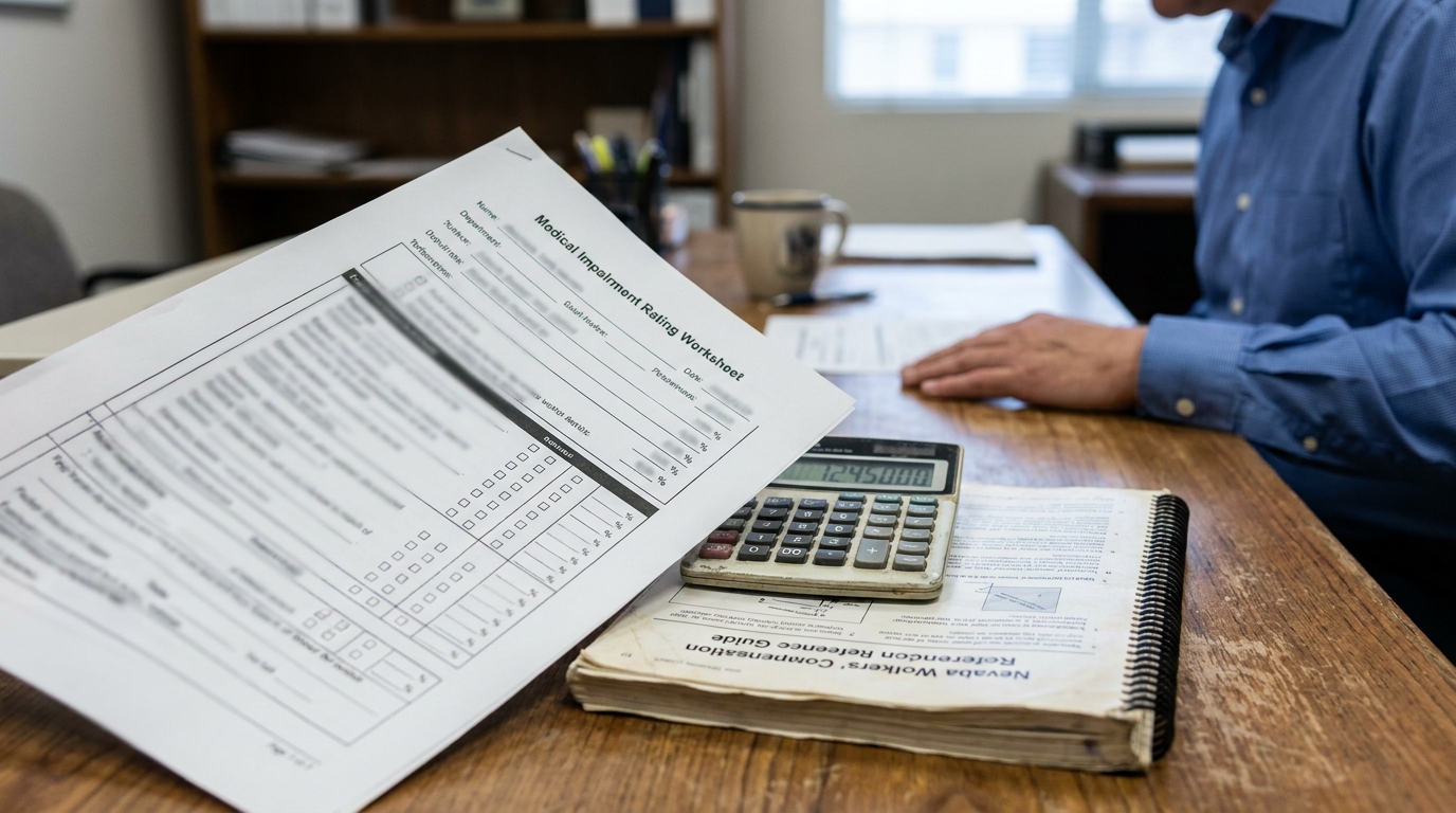 Medical Impairment Rating Worksheet and Nevada Workers Compensation Reference Guide on desk with calculator