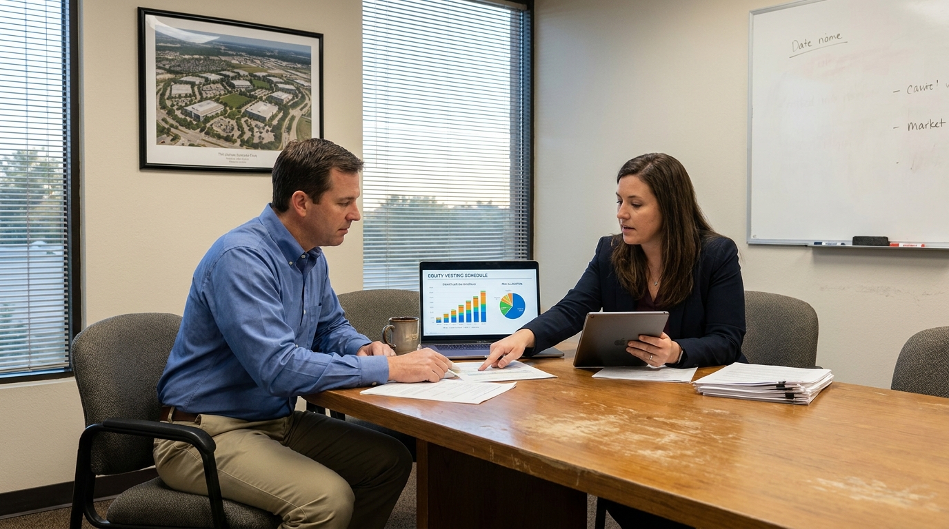 attorney presenting equity vesting schedule on laptop to client during office meeting
