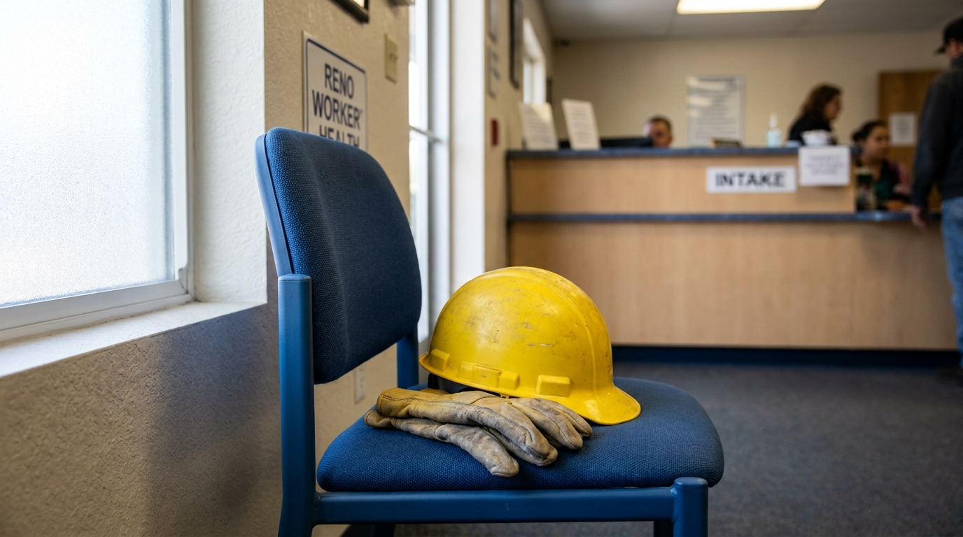 Reno Worker Hard Hat and Gloves at Workers Comp Intake hard hat and work gloves on chair at Reno Worker Health intake counter