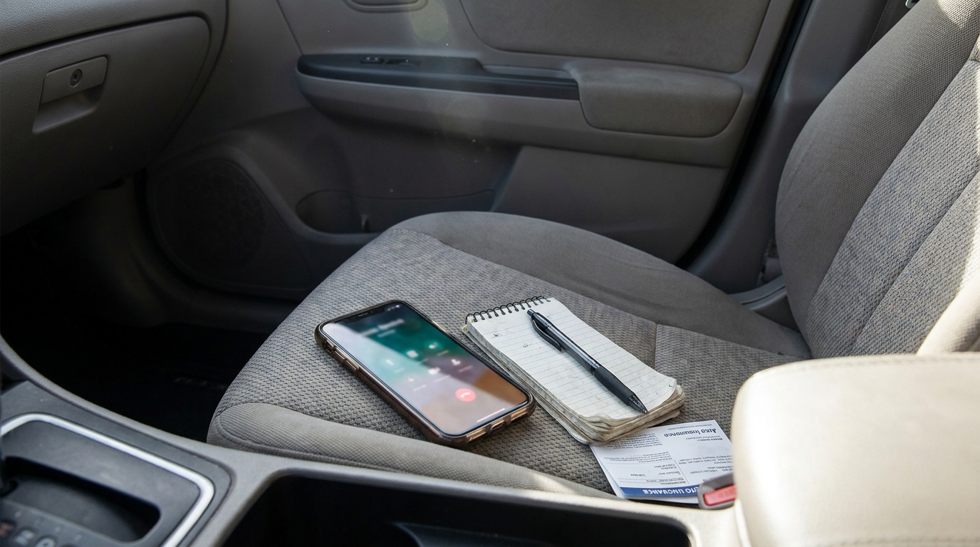 smartphone with active call, notepad, pen, and auto insurance card on car seat