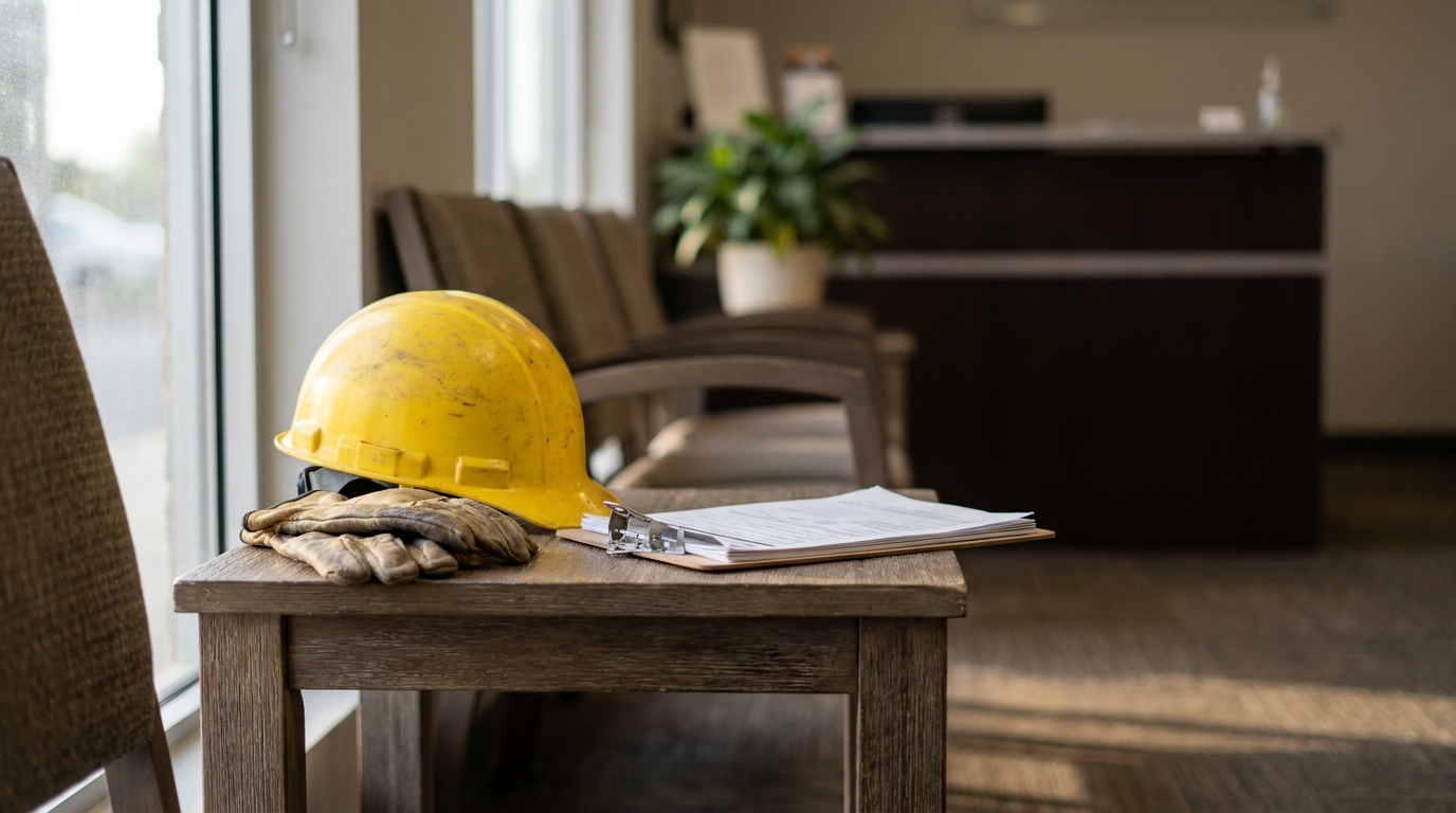 construction hard hat, work gloves, and binder with documents on waiting room table