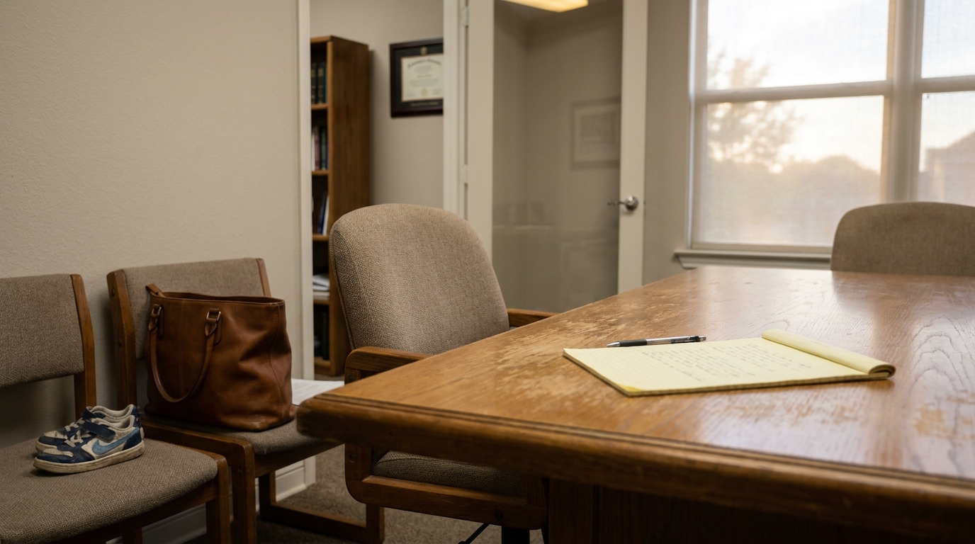 law office conference table with open notepad, pen, leather bag, and sneakers on chairs