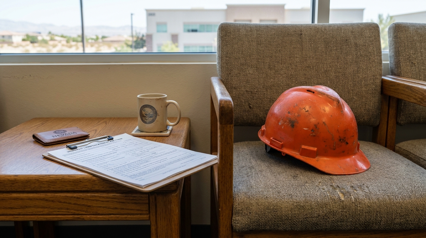 construction hard hat on chair beside workers compensation claim form and Nevada wallet