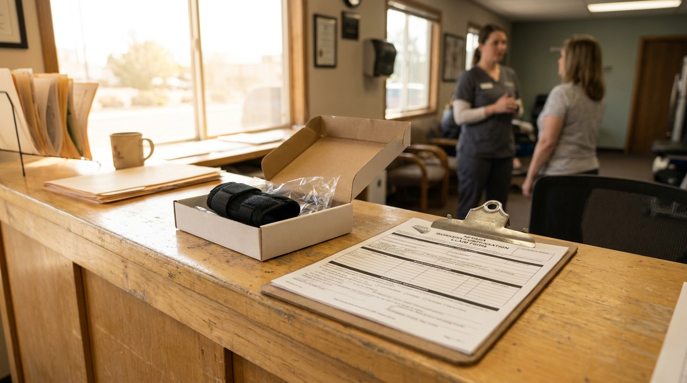 Nevada Workers Compensation claim form on clipboard at medical office reception desk