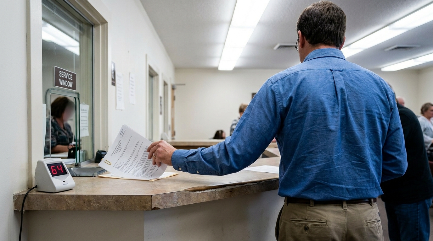 Man Filing FR-10 Form at Columbia SC DMV Office man submitting legal documents at government service window with number display