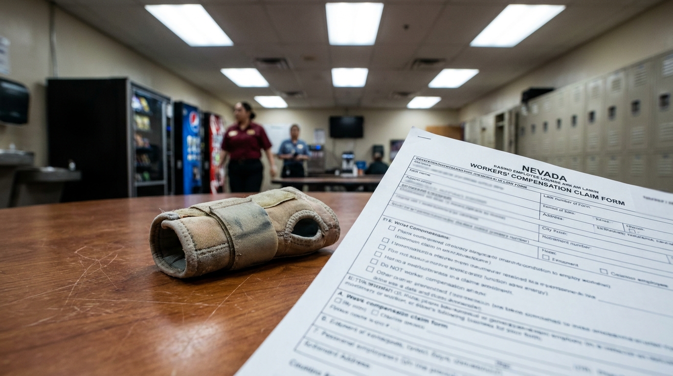 Las Vegas Casino Worker Carpal Tunnel Workers Comp Claim Form Nevada Workers' Compensation Claim Form beside worn wrist brace on break room table
