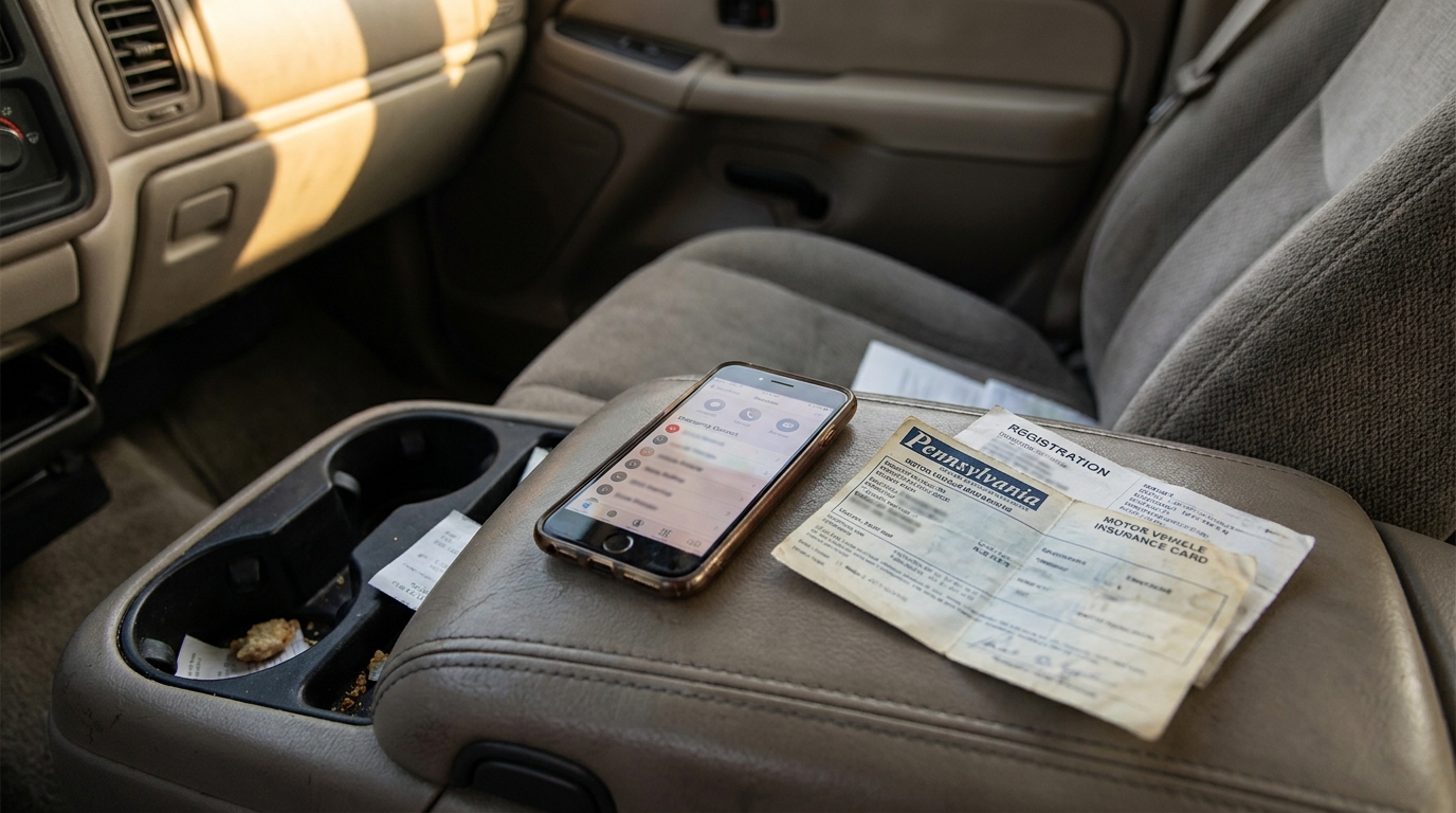 Bensalem Car Accident Steps Phone Insurance Documents PA smartphone, Pennsylvania registration, and motor vehicle insurance card on car seat
