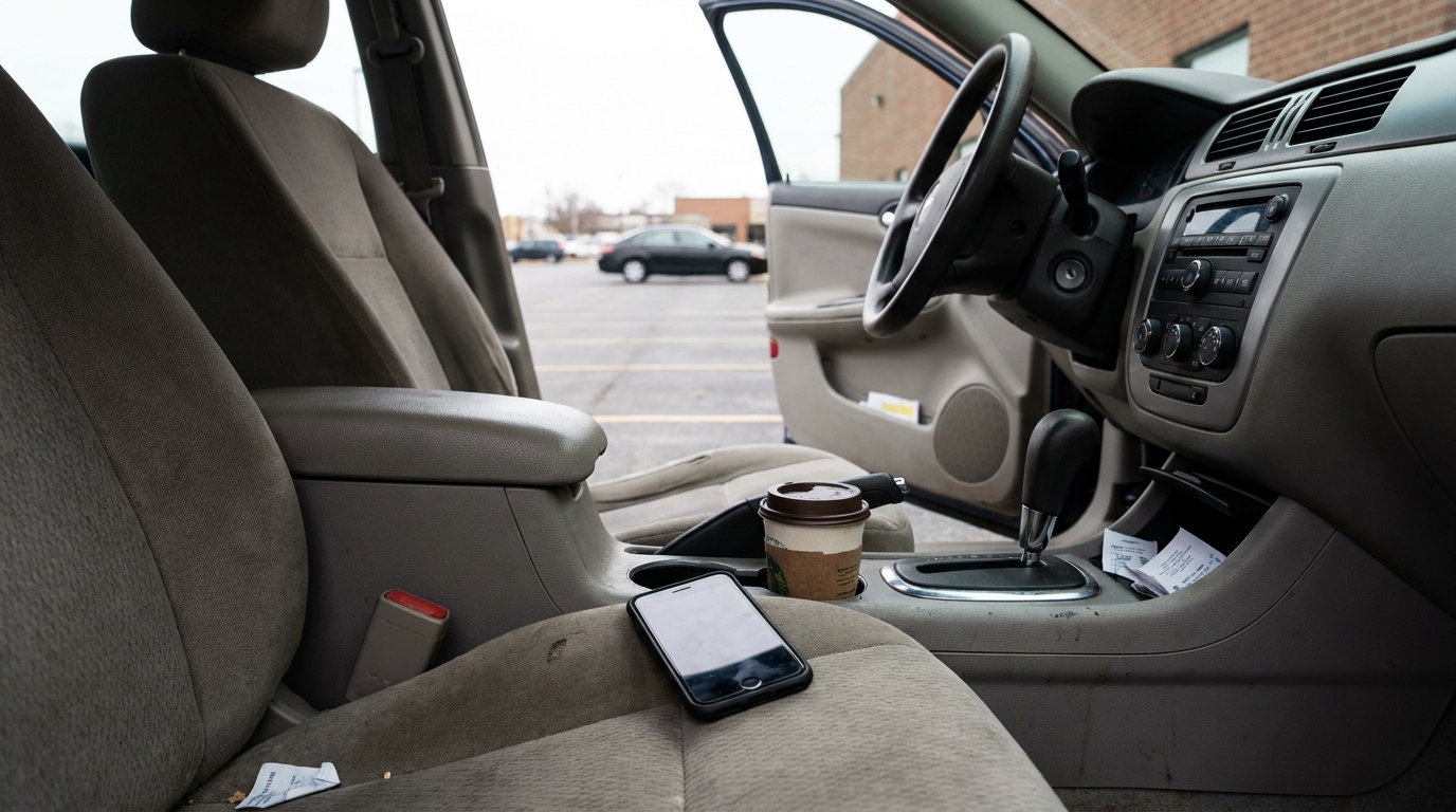 smartphone and coffee cup left on vehicle passenger seat with dashboard visible