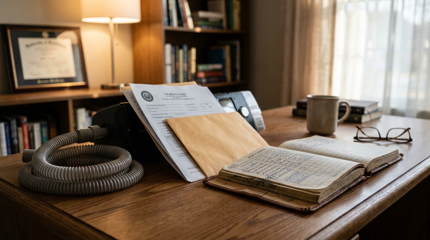 CPAP machine hose, FAA medical report, and open logbook on wooden desk