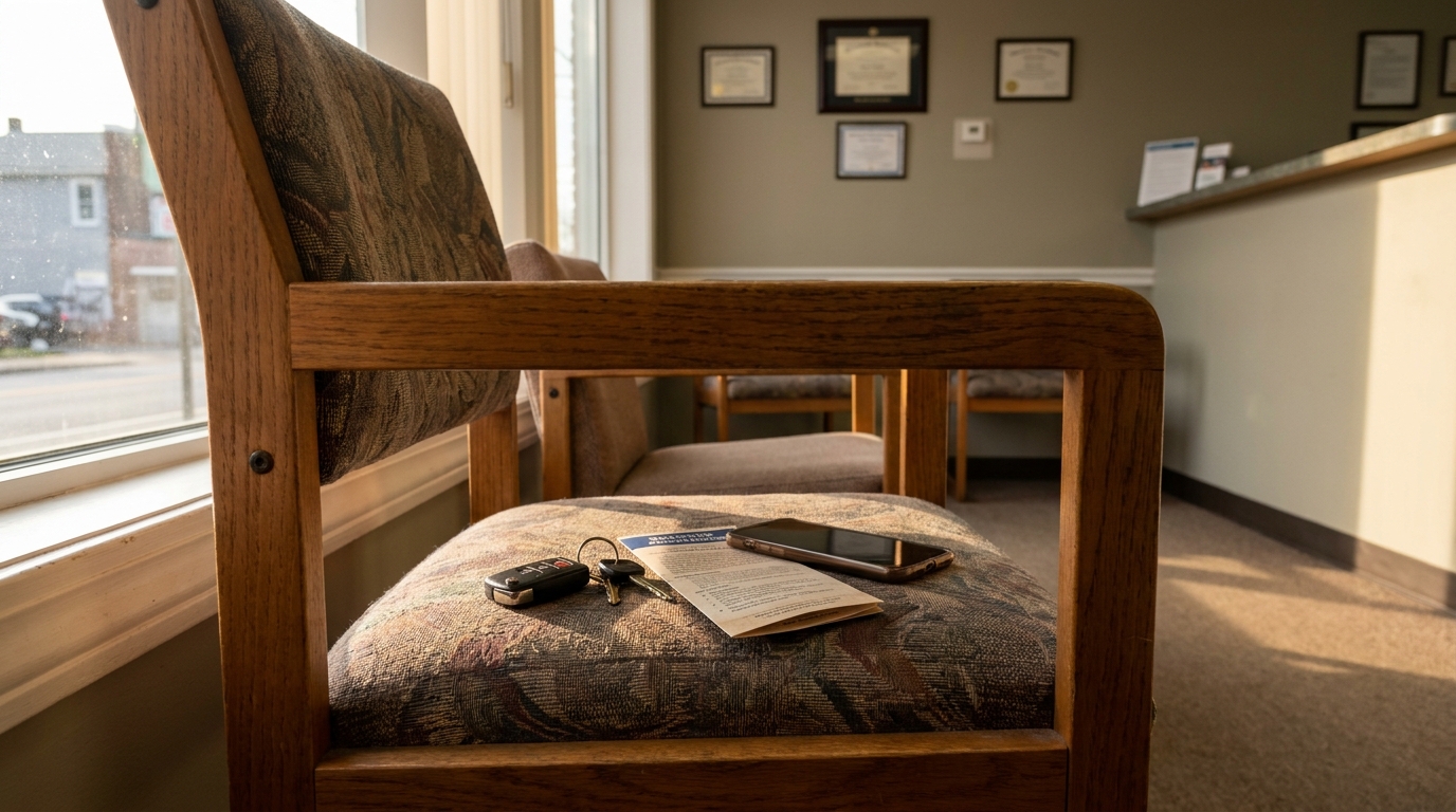 law office waiting room chair with keys, pamphlet, phone, and framed certificates on wall