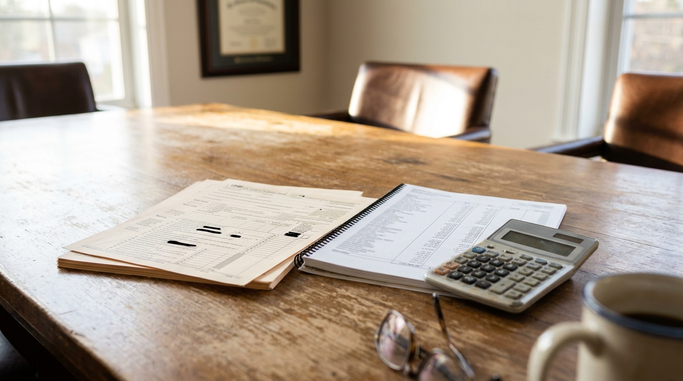 tax forms, spiral notebook, calculator, and eyeglasses on wooden conference table