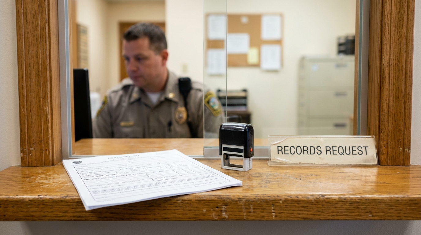 Records Request counter sign with officer and stamp at police department window