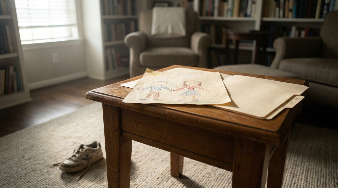 child's crayon drawing of two figures on wooden table with legal folder