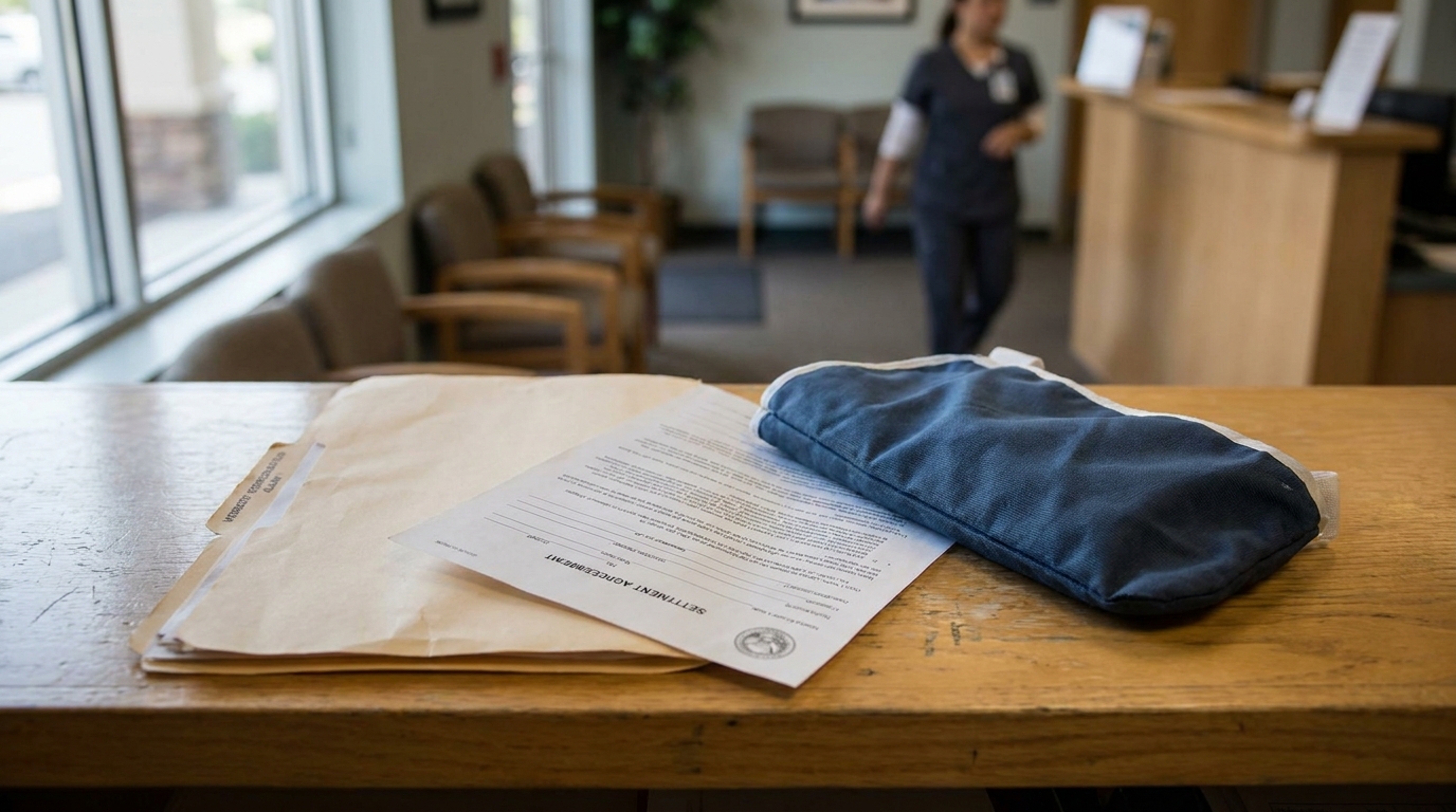 Las Vegas Workers Comp Stipulated Settlement Agreement Documents Settlement agreement document and ice pack on desk in medical office waiting room