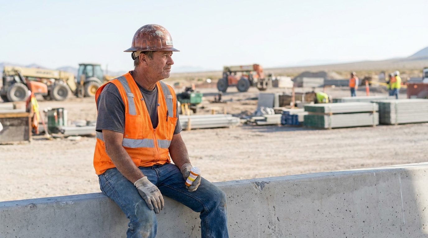 construction worker in hard hat holding prescription pill bottle at job site
