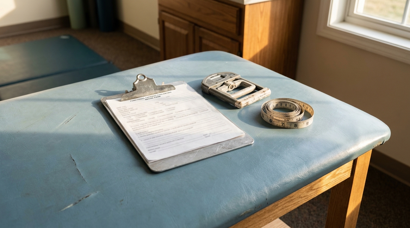 clipboard with functional capacity evaluation form, grip dynamometer, and tape measure on examination table