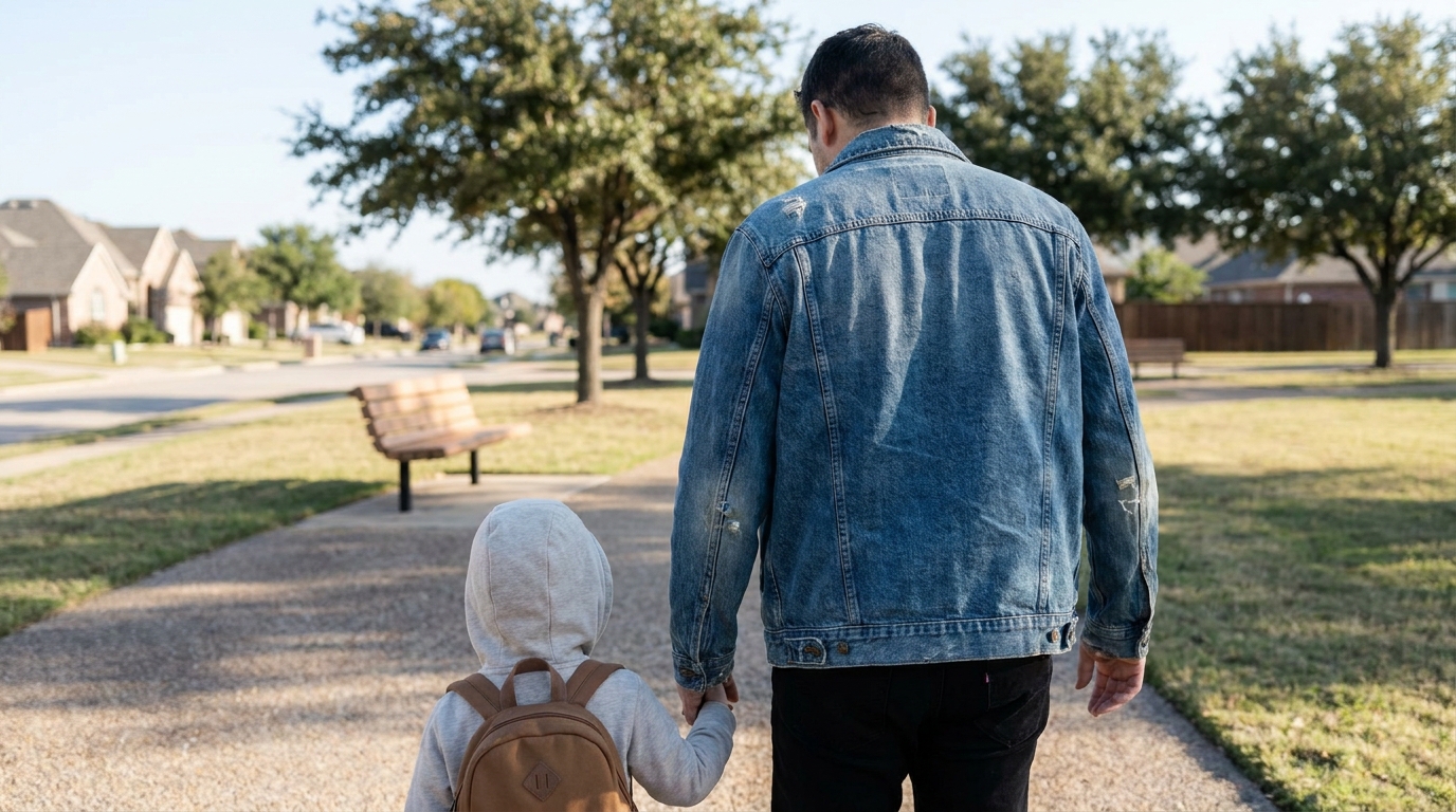 Adult holding child’s hand on park path near neighborhood homes