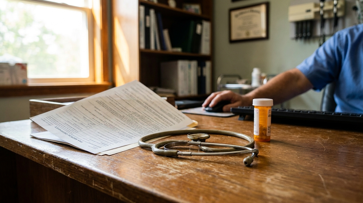 FAA Medical Certificate Stethoscope Prescription Medication Desk stethoscope, medical certificate, and prescription bottle on doctor's office desk