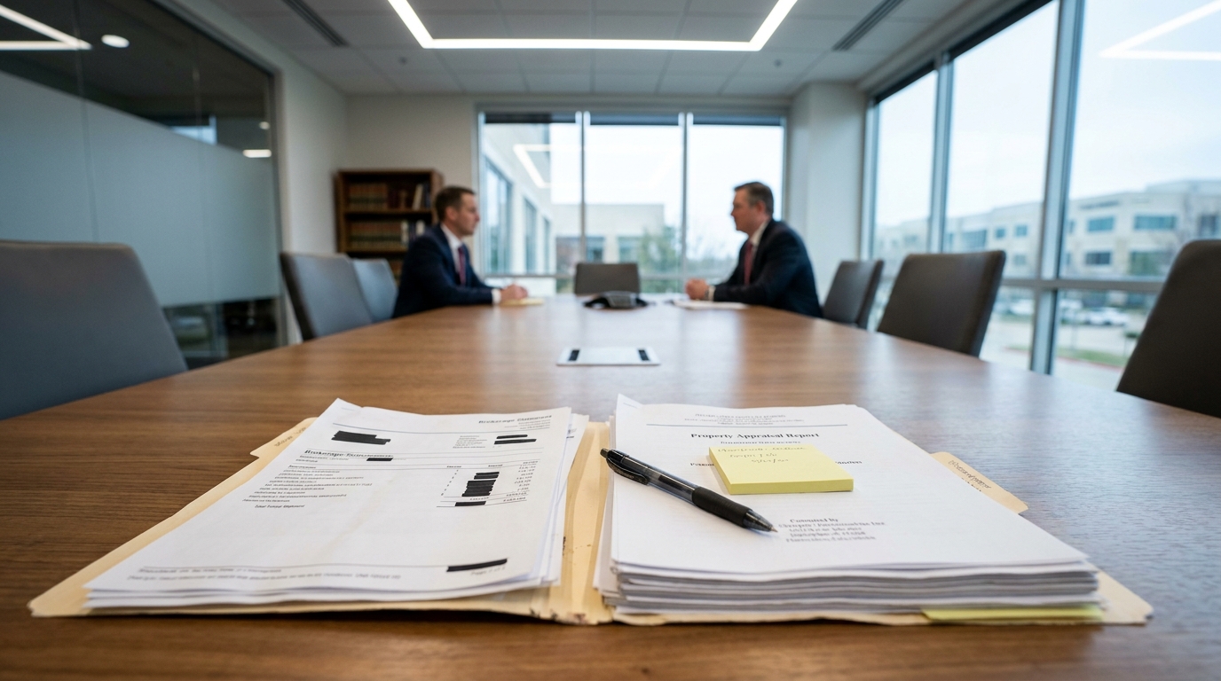 Property Appraisal Report documents and pen on conference room table with two attorneys meeting