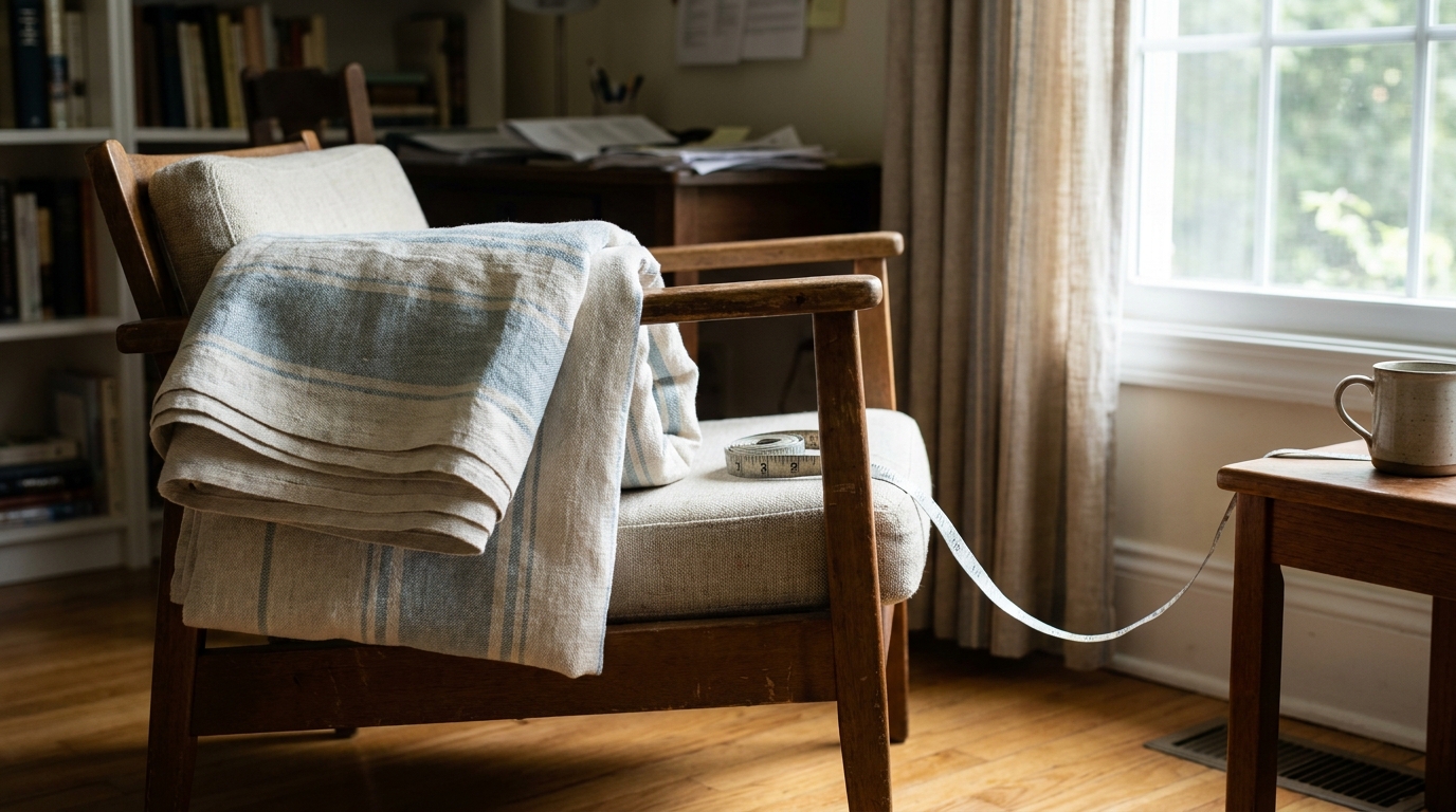 Chicago Interior Designer Measuring Curtain Fabric for Drapery Styling wooden armchair with folded fabric and tailor's measuring tape in home study