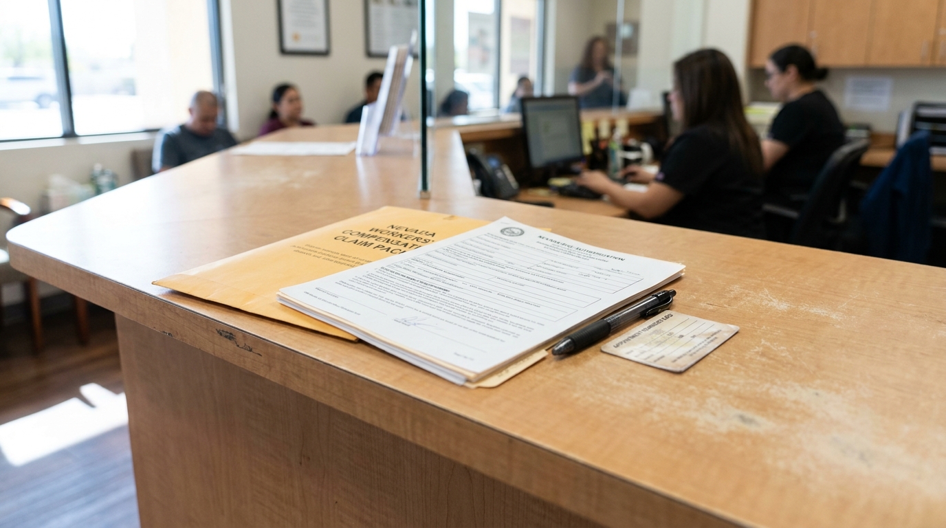 Nevada Workers Compensation Claim Form Las Vegas Office Nevada Workers Compensation Claim Packet on office front desk with pen