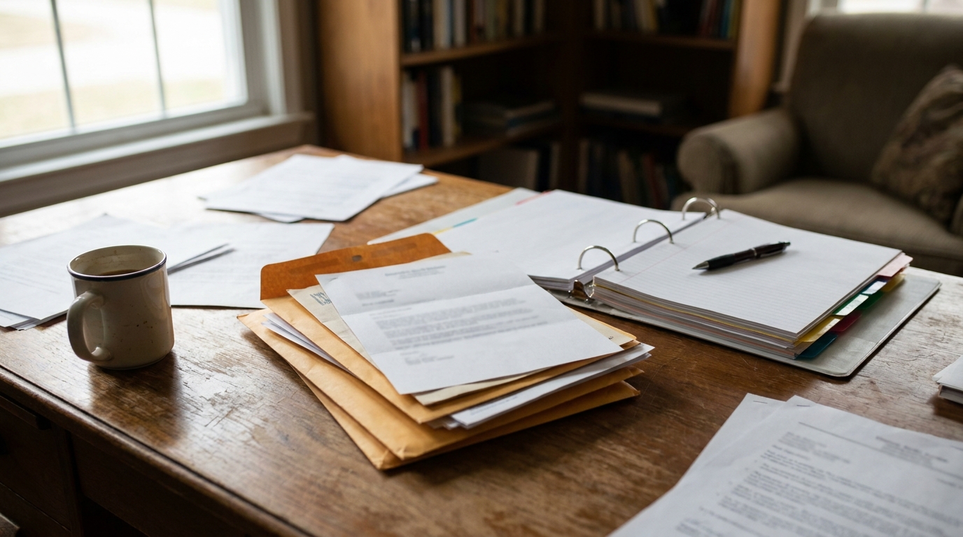 Nevada Workers Comp FCE Letters and Documents on Desk wooden desk with stacked legal documents, manila envelopes, tabbed binder, and pen