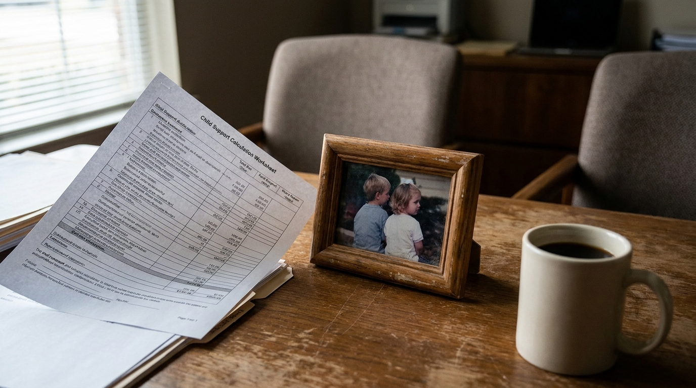 Child Support Calculation Worksheet on desk beside framed children photo and coffee mug