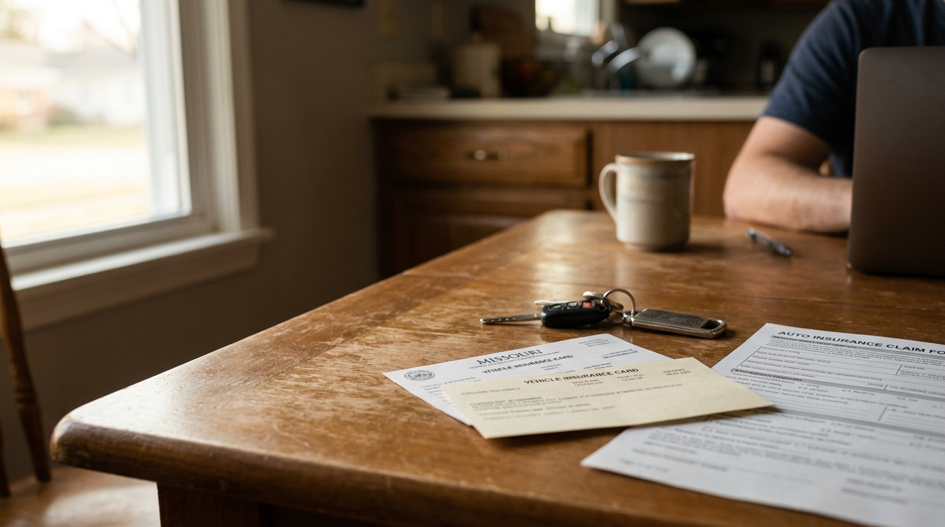 Missouri vehicle insurance card and auto insurance claim form with car keys on wooden table