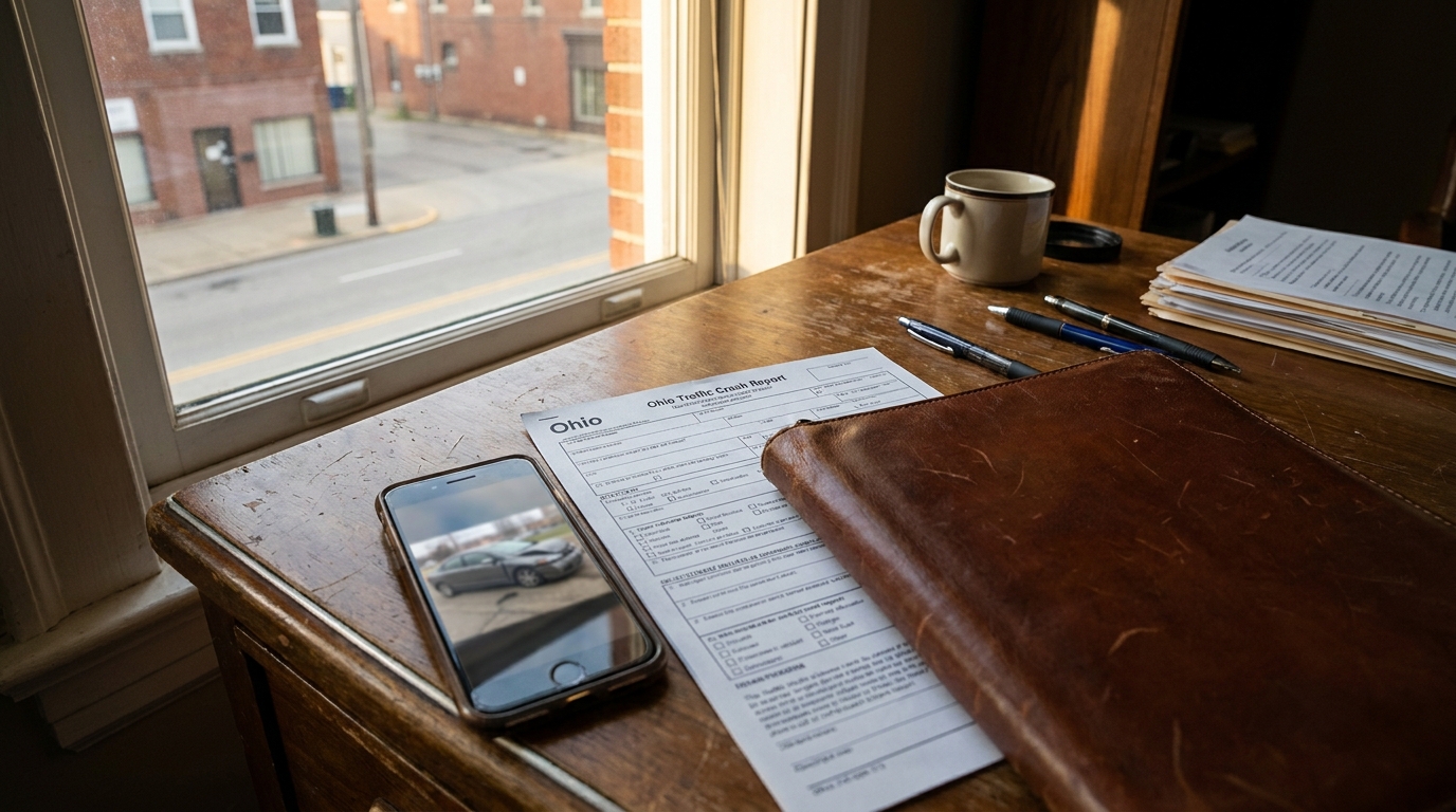 Dayton Ohio Car Accident Case Evidence and Crash Report Ohio Traffic Crash Report form on desk beside smartphone showing vehicle photo