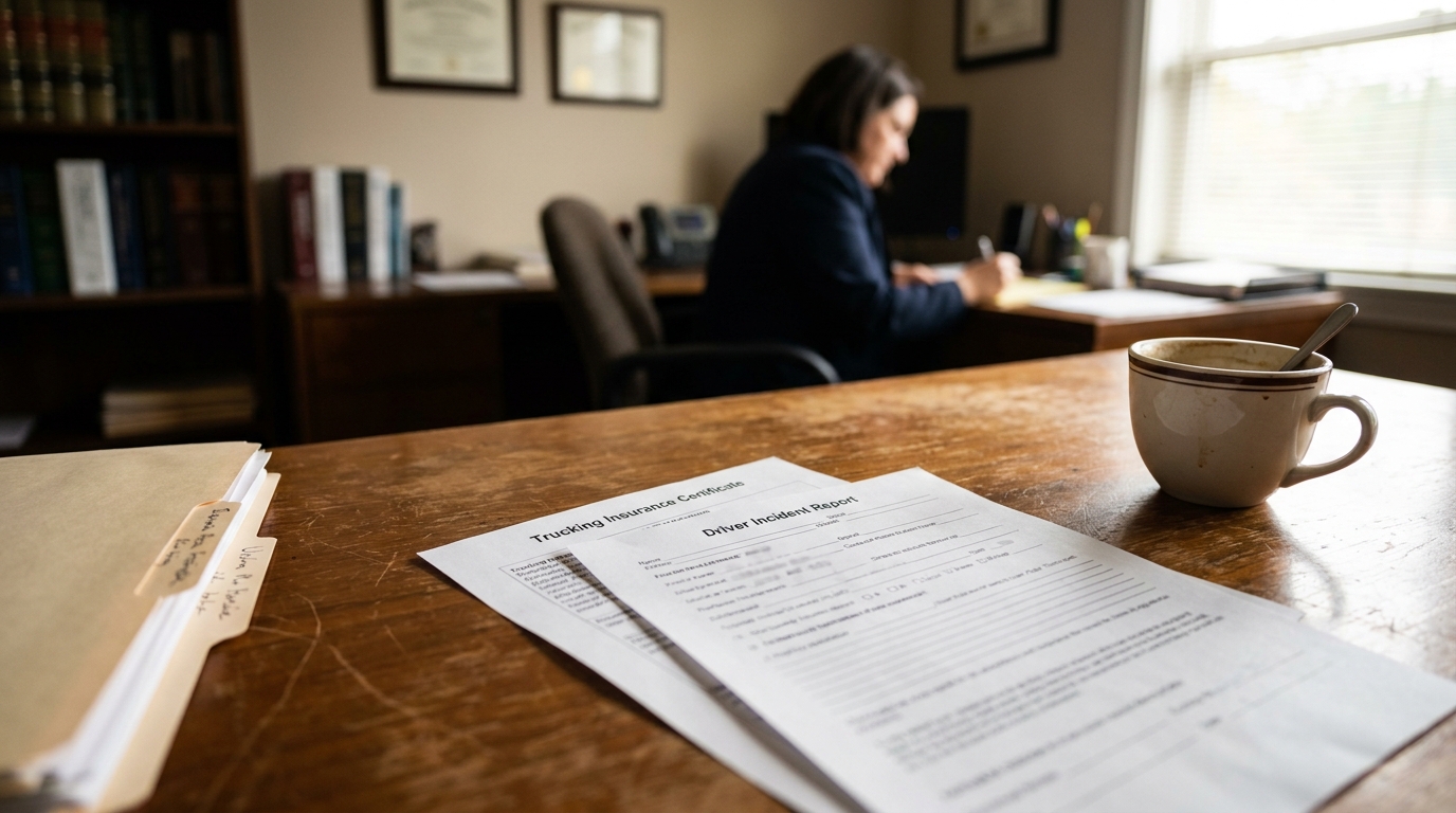Trucking Insurance Certificate and Driver Incident Report on law office desk