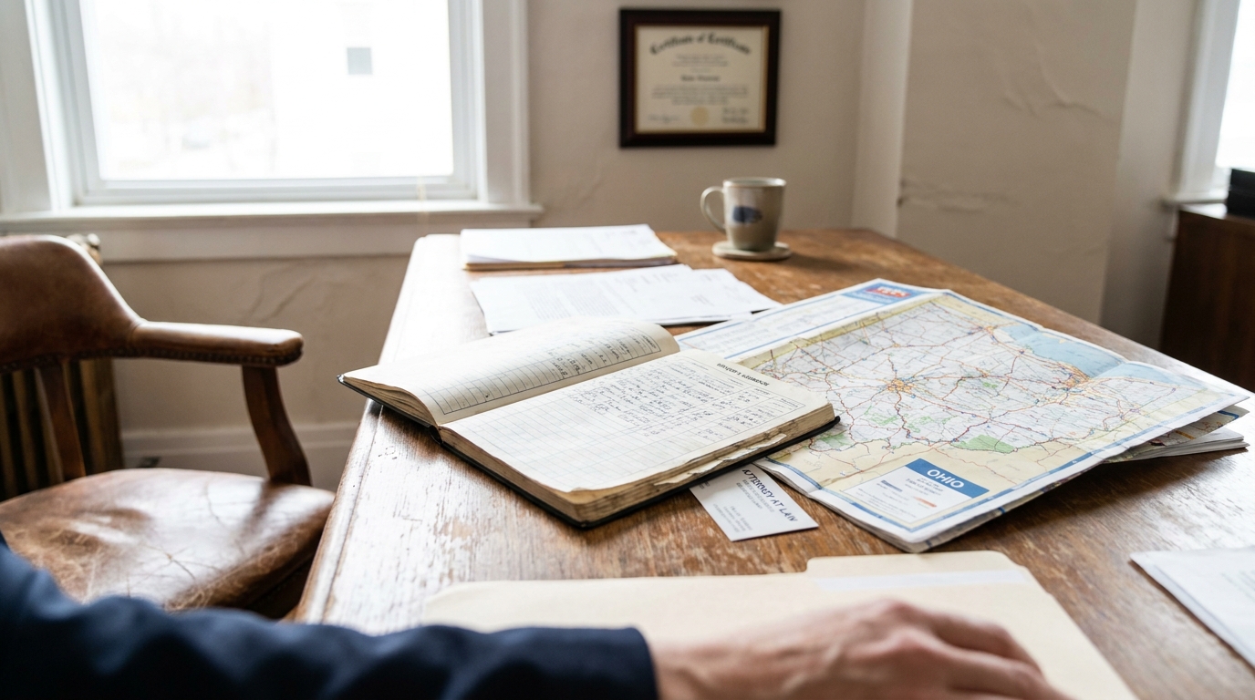 Dayton Ohio Truck Accident Attorney Reviewing Case Files attorney at law business card beside Ohio road map and open ledger on wooden desk