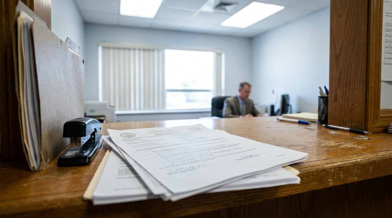 Albany Criminal Defense Attorney Reviewing Arraignment Court Documents court budget order documents on desk with attorney seated in law office
