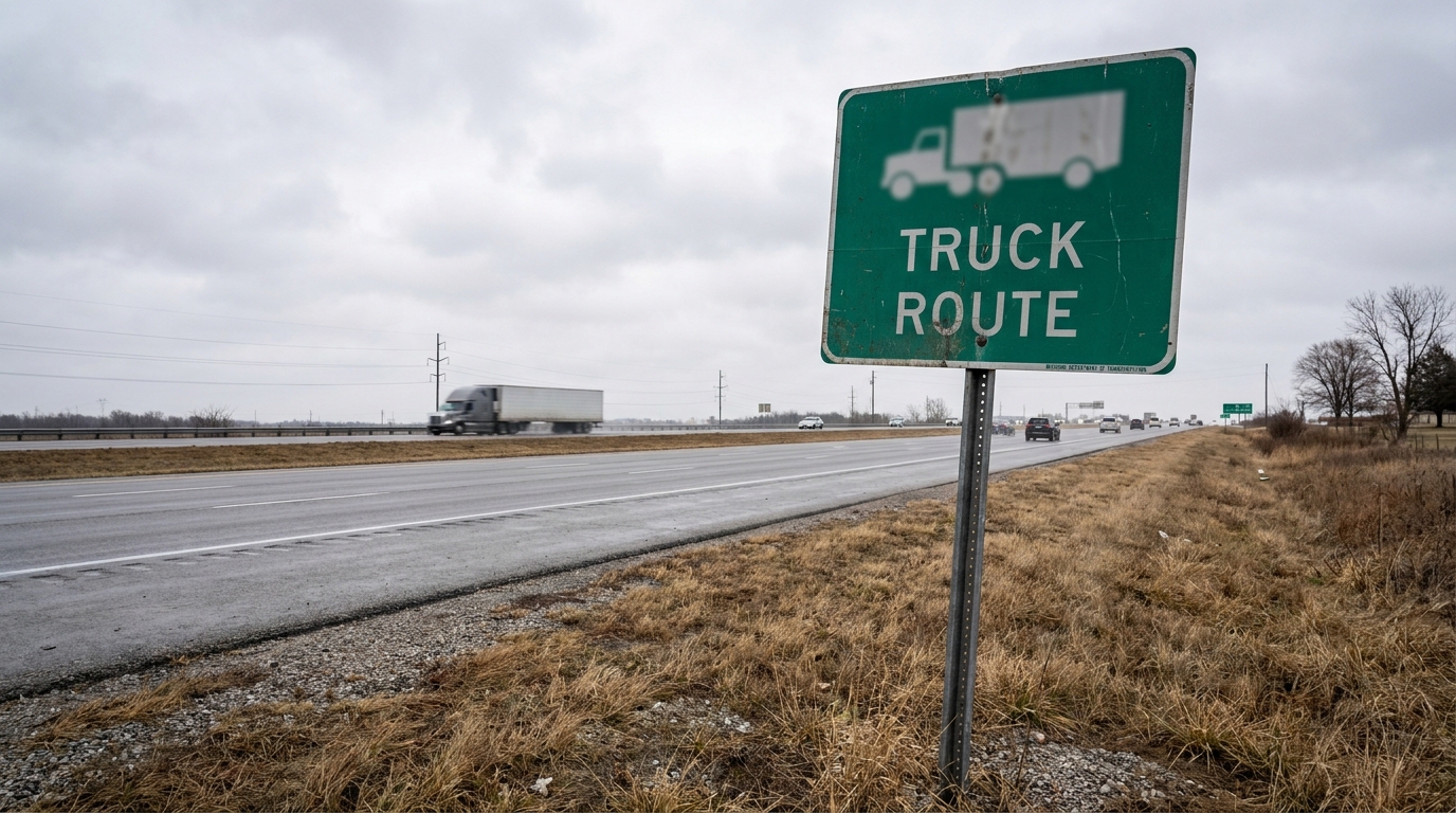 Missouri Truck Route Sign Semi Truck St. Louis Highway Truck Route road sign beside highway with semi-truck traveling in background