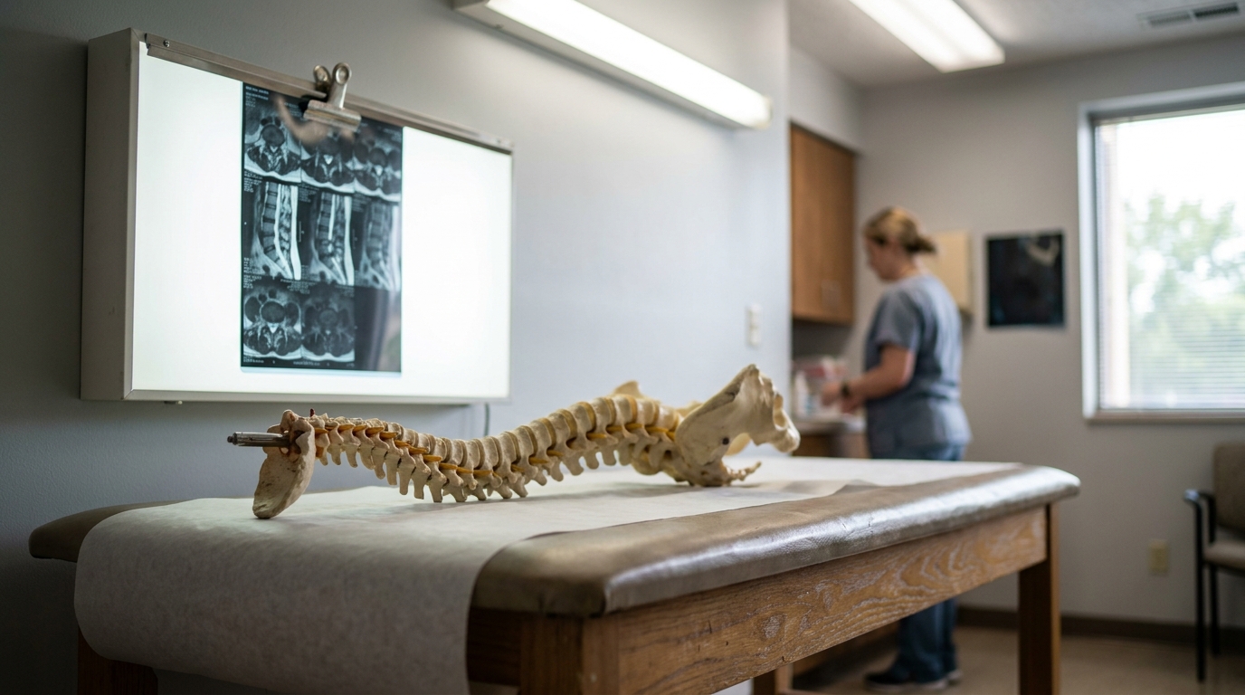 Dayton Spinal Cord Injury Car Accident Medical Exam spinal anatomy model on exam table with MRI scans displayed on wall