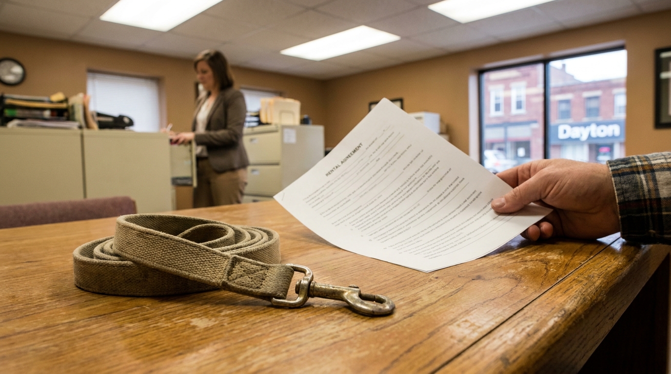 Dayton Landlord Rental Agreement Dog Leash Liability hand holding rental agreement document beside dog leash on office desk